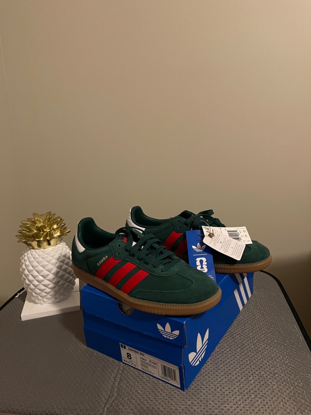 NWT...adidas Samba Green Suede Sneakers with Red Stripes